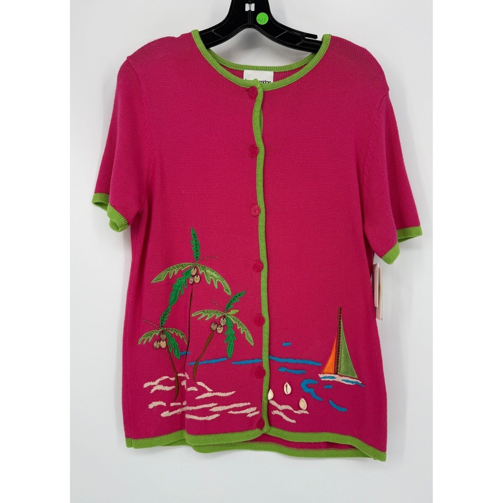 Hot Pink Tropical Cardigan S Palm Tree Island Knit Top Y2K Resortcore